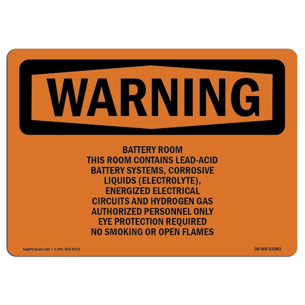 Safety Sign, OSHA WARNING, 7" Height, Aluminum, Battery Room This Room Contains Lead-Acid, Landscape
